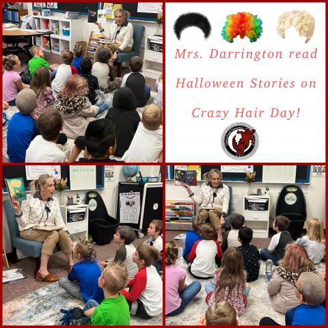 Mrs. Darrington reads Halloween stories on Crazy Hair Day
